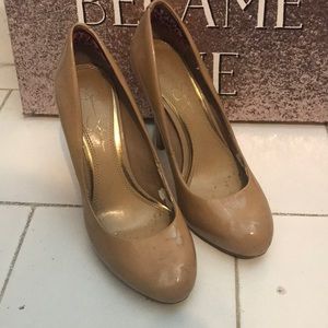Nude Patent Leather Round Toe Heels